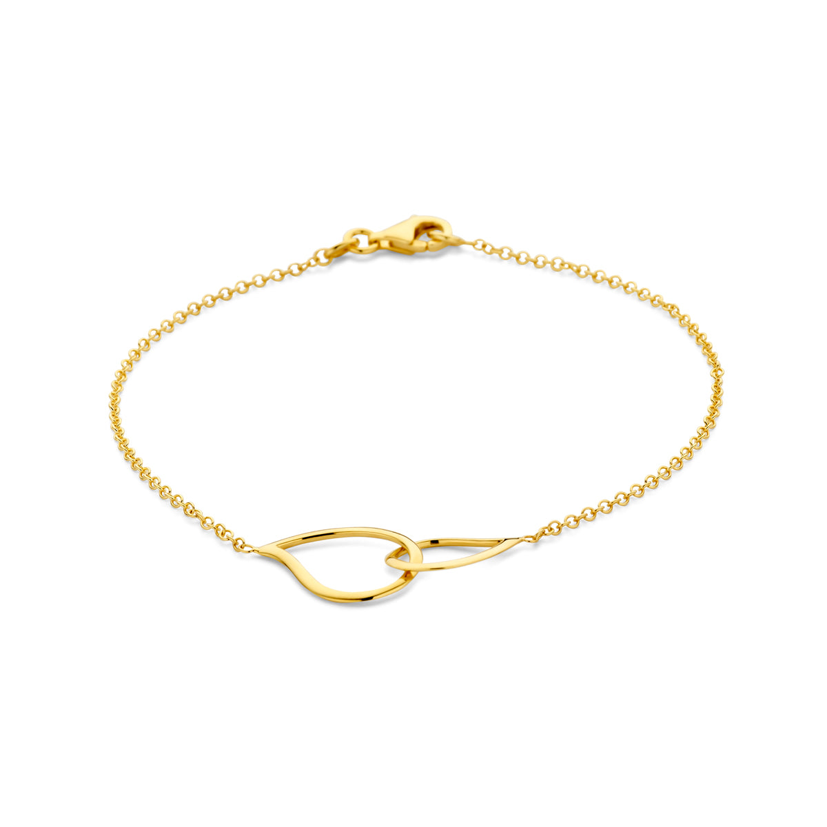Vooraanzicht van de 14 karaat geelgouden druppel armband, 12 mm hoog en 18 mm breed.