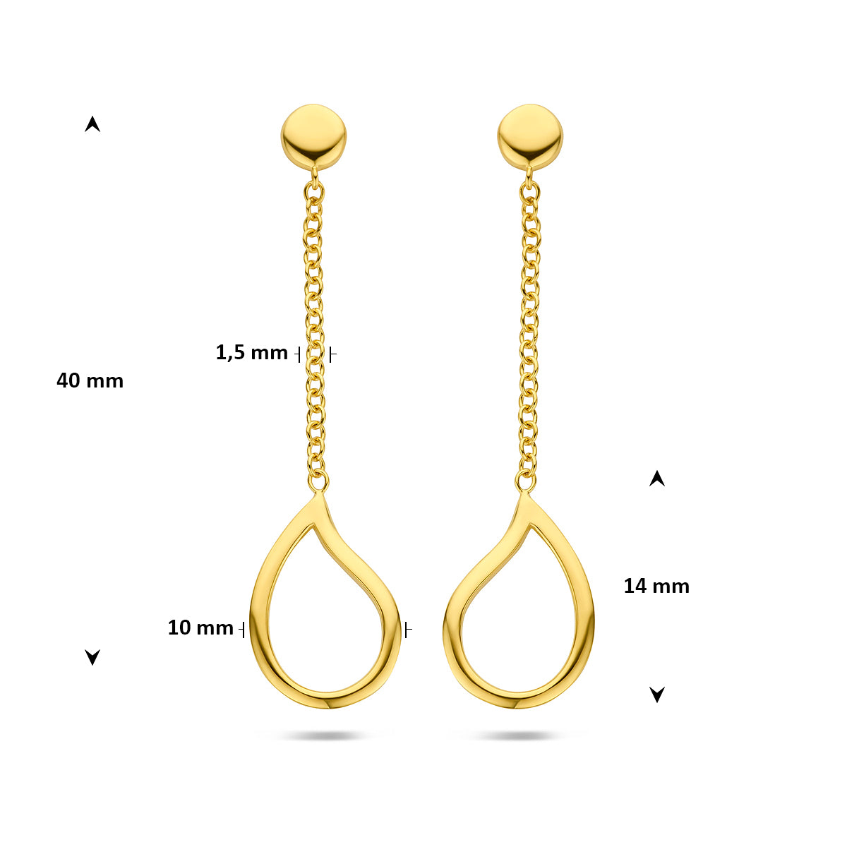 Technische afbeelding van de 14 karaat geelgouden druppel oorhangers met afmetingen, 40 mm hoog en 10 mm breed.