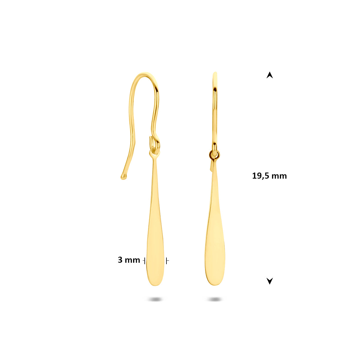 Druppel oorbellen: afmetingen van de 14 karaat geelgouden druppel oorhangers, 19,5 mm hoog en 3,0 mm breed.