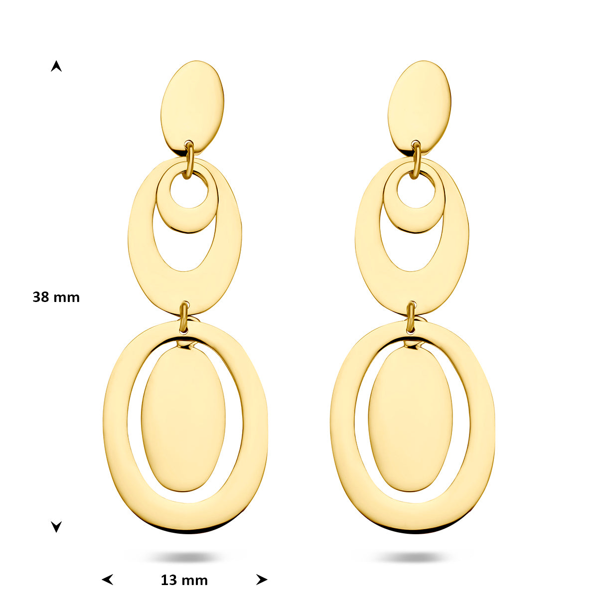 Gouden oorhangers: afmetingen van de 14 karaat geelgouden dubbele ovale oorhangers, 38,0 mm hoog en 13,0 mm breed.