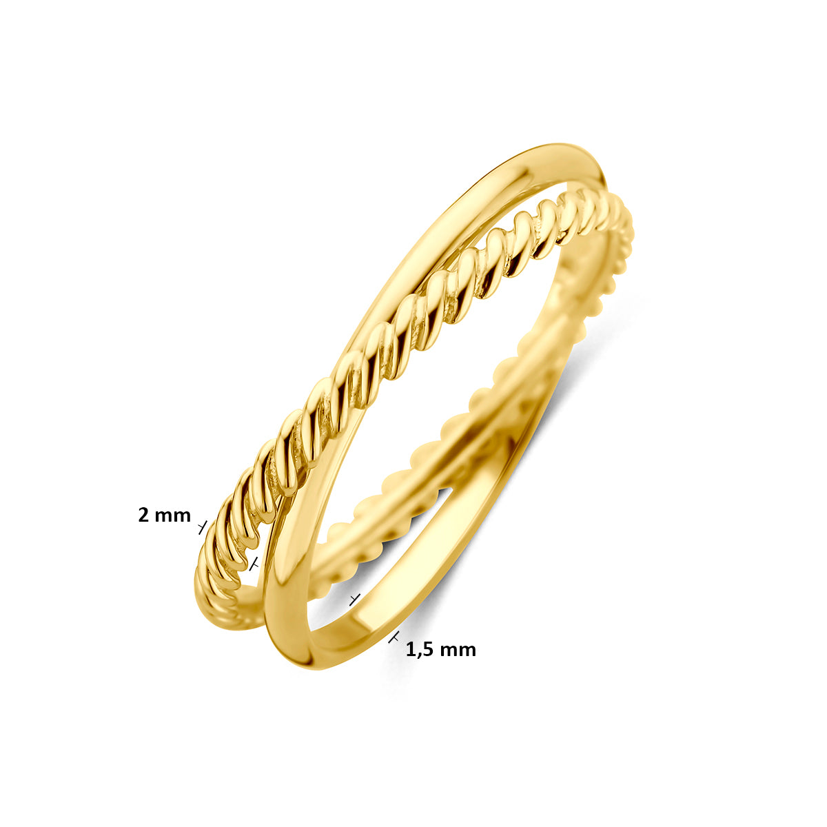 Gedraaide ring goud: schuin bovenaanzicht met afmetingen van de 14 karaat geelgouden dubbele ring met gedraaide band, 2,0 mm breed.