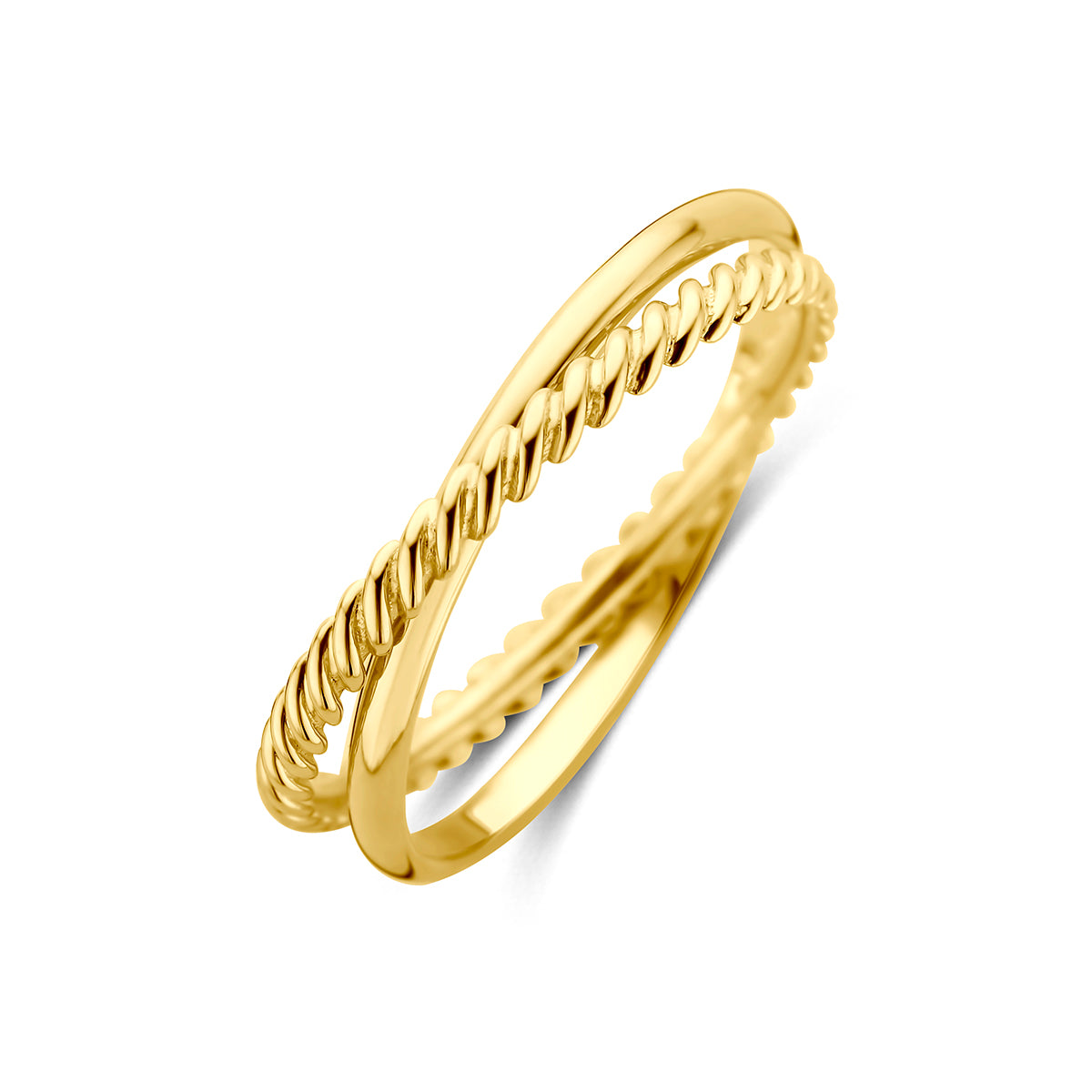 Gedraaide ring goud: schuin bovenaanzicht van de 14 karaat geelgouden dubbele ring met gedraaide band.