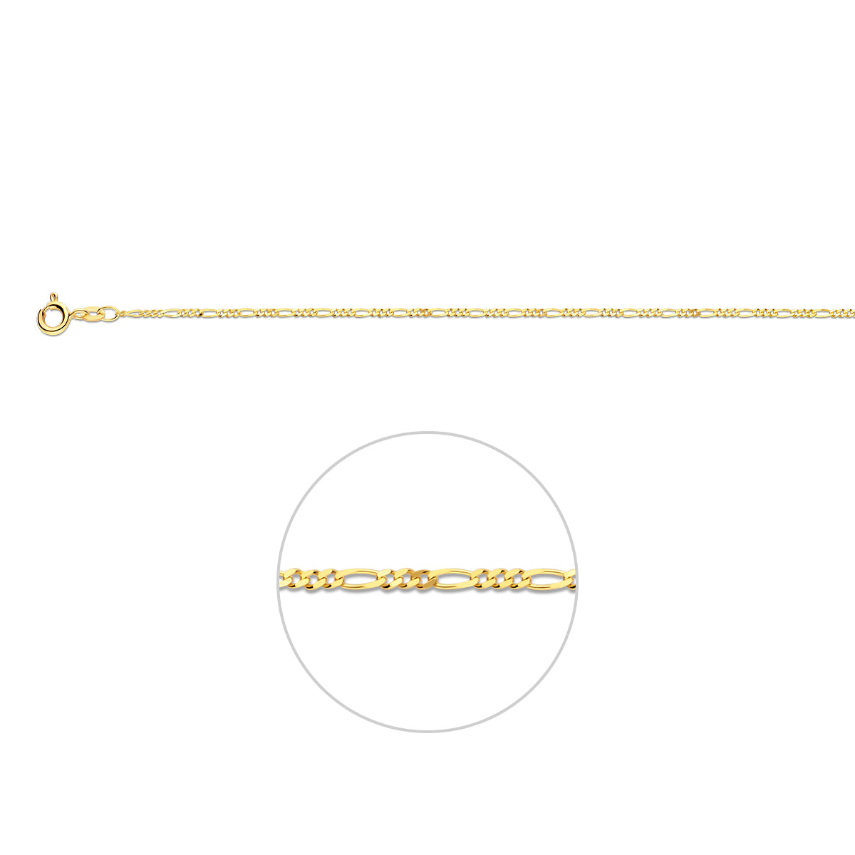 Gouden figaro armband: 14 karaat geelgouden figaro armband van 1,5 mm breed, vooraanzicht