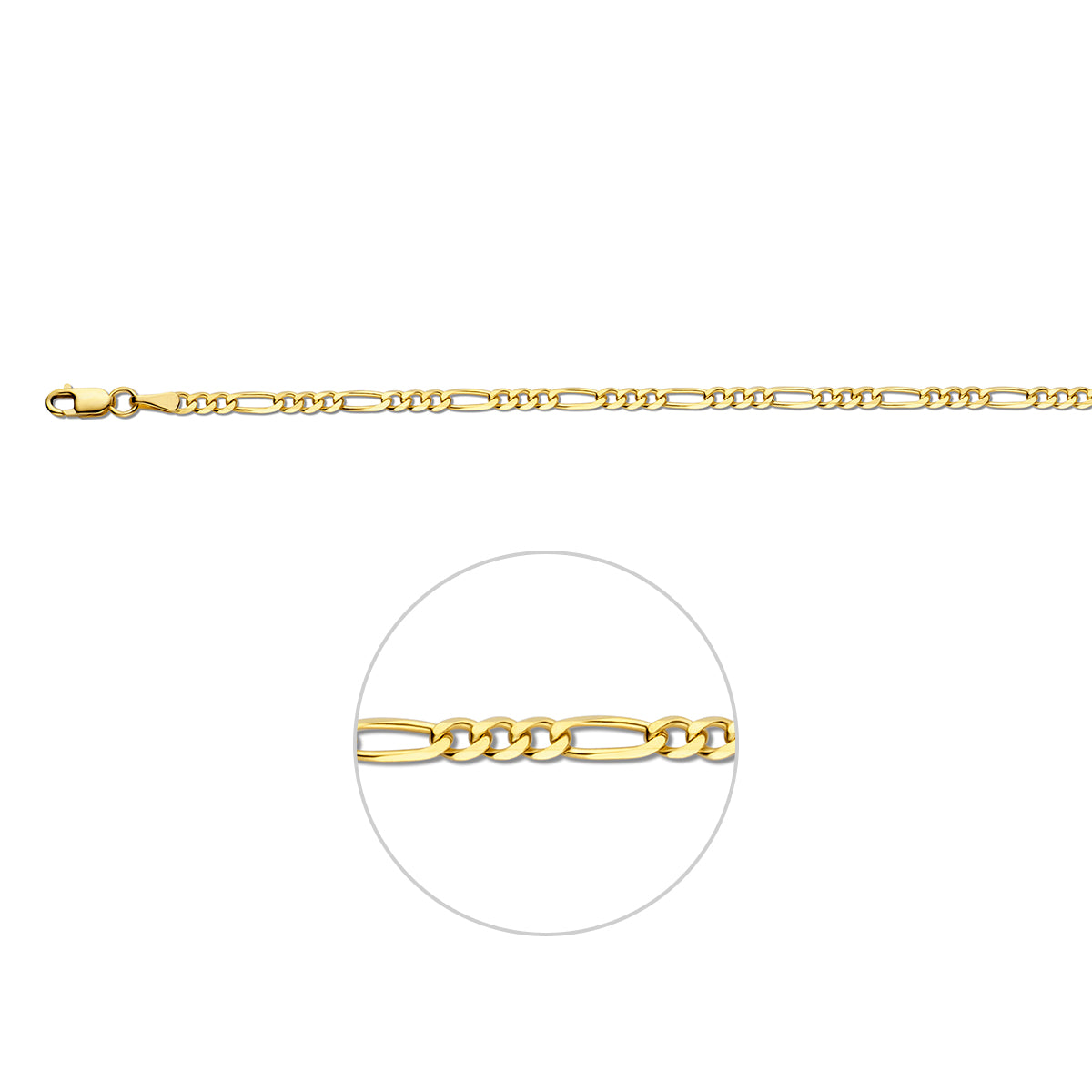 Gouden figaro armband: 14 karaat geelgouden figaro armband van 3,0 mm breed, vooraanzicht