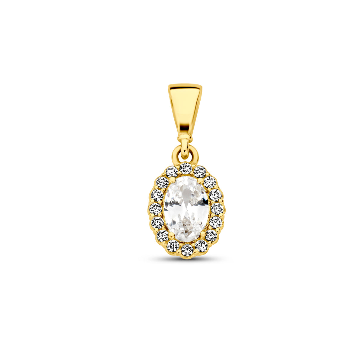 Vooraanzicht van de 14 karaat geelgouden geboortesteenhanger april, 16 mm hoog en 7 mm breed.