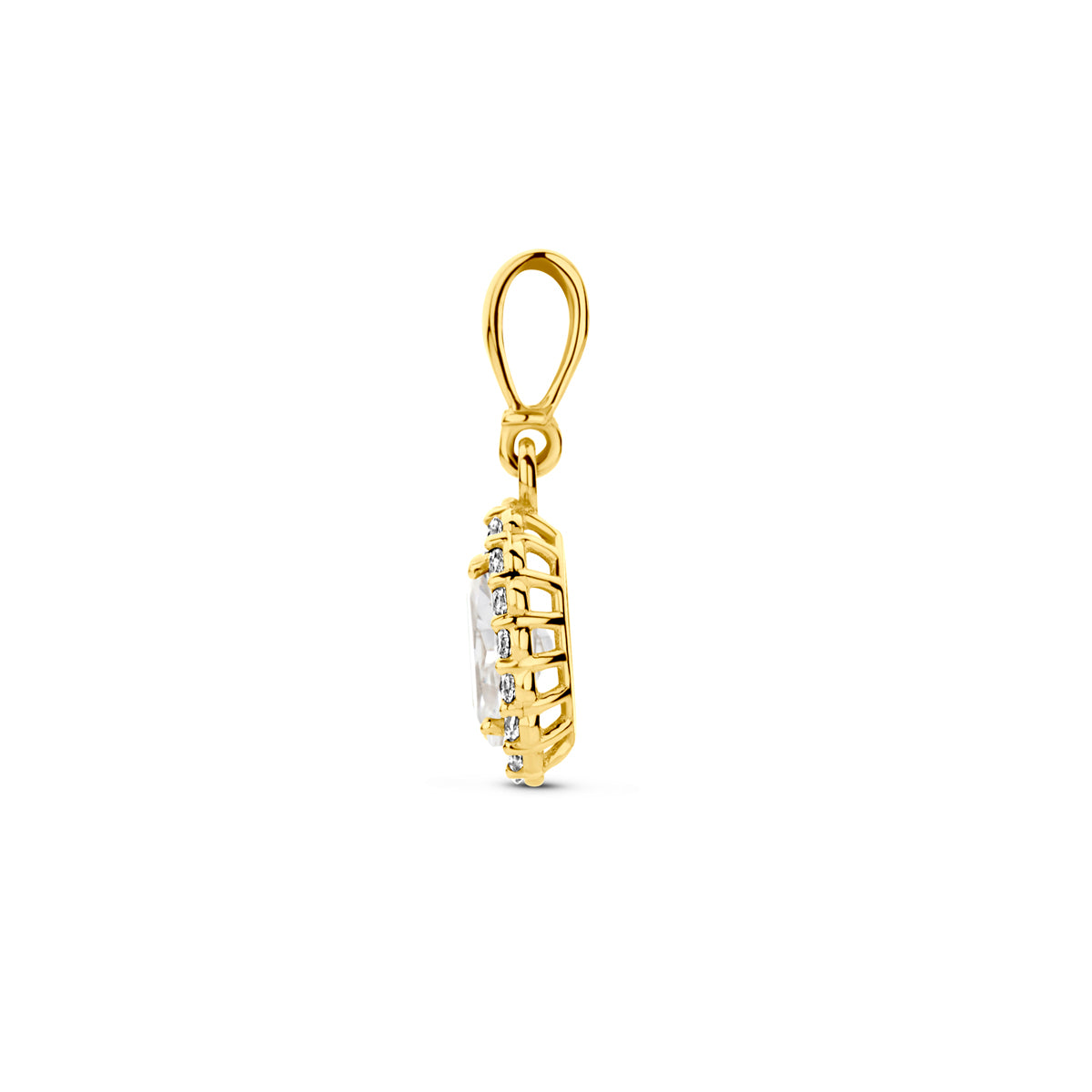 Zijaanzicht van de 14 karaat geelgouden geboortesteenhanger april, zodat de diepte van de hanger zichtbaar is.