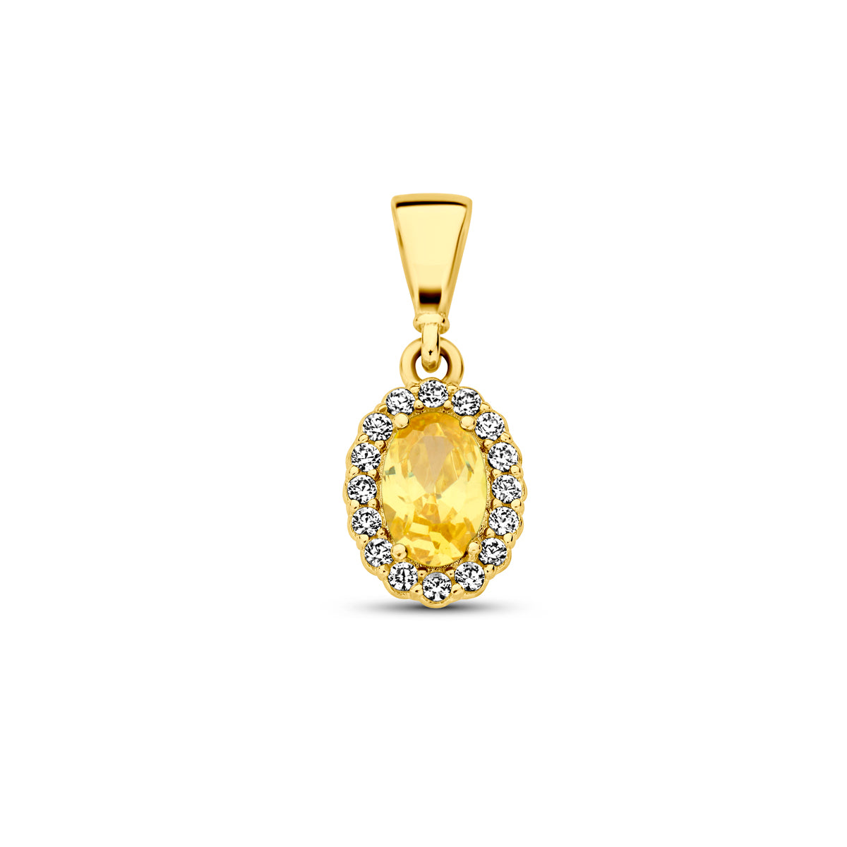 Vooraanzicht van de 14 karaat geelgouden geboortesteenhanger november, 16 mm hoog en 7 mm breed.