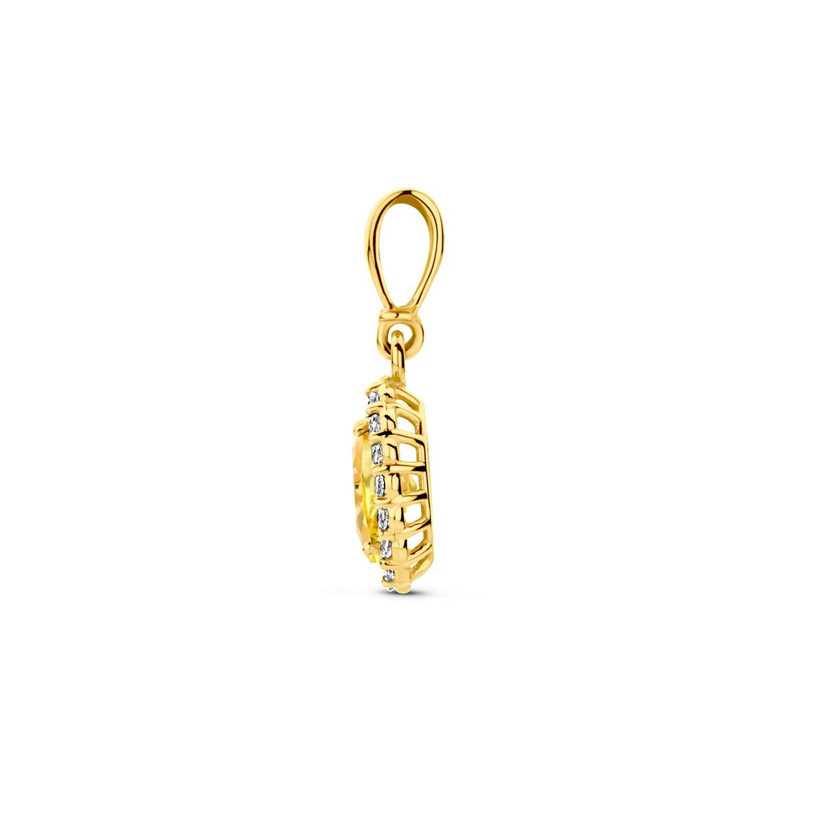 Zijaanzicht van de 14 karaat geelgouden geboortesteenhanger november, zodat de diepte van de hanger zichtbaar is.