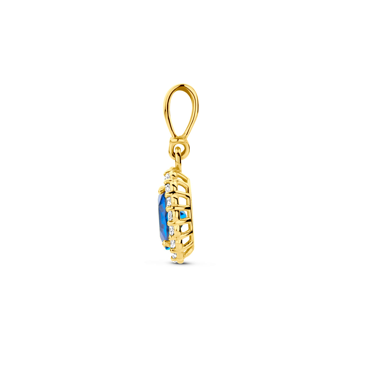 Zijaanzicht van de 14 karaat geelgouden geboortesteenhanger september, zodat de diepte van de hanger zichtbaar is.