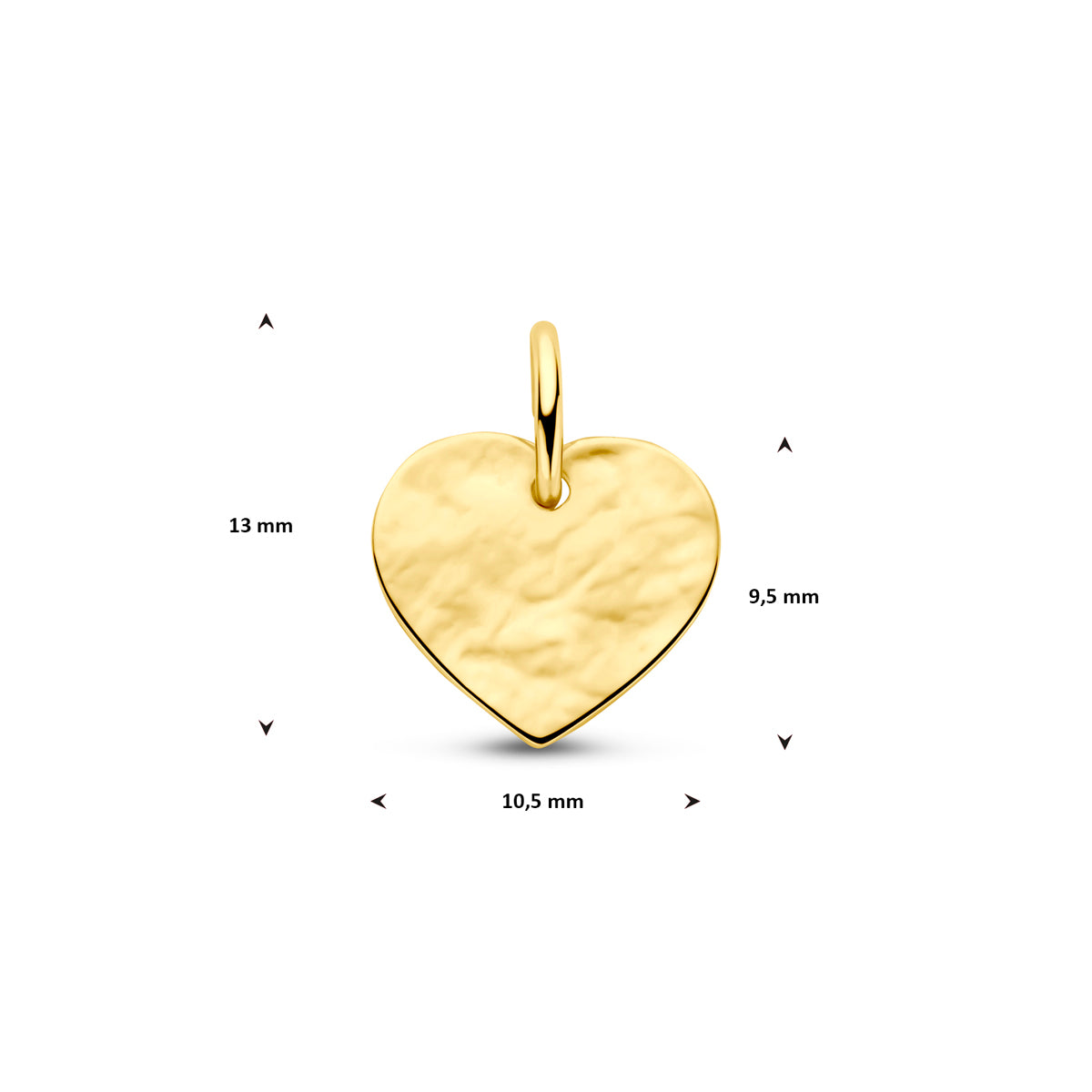 Technische afbeelding van de 14 karaat geelgouden gehamerde graveerhanger hartje met afmetingen, 13 mm hoog en 10,5 mm breed.