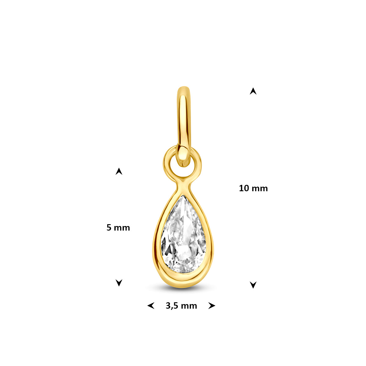 Gouden hanger zirkonia: afmetingen van de geelgouden hanger met druppelvormige zirkonia van 14 karaat, 10 mm hoog inclusief oog en 3,5 mm breed.