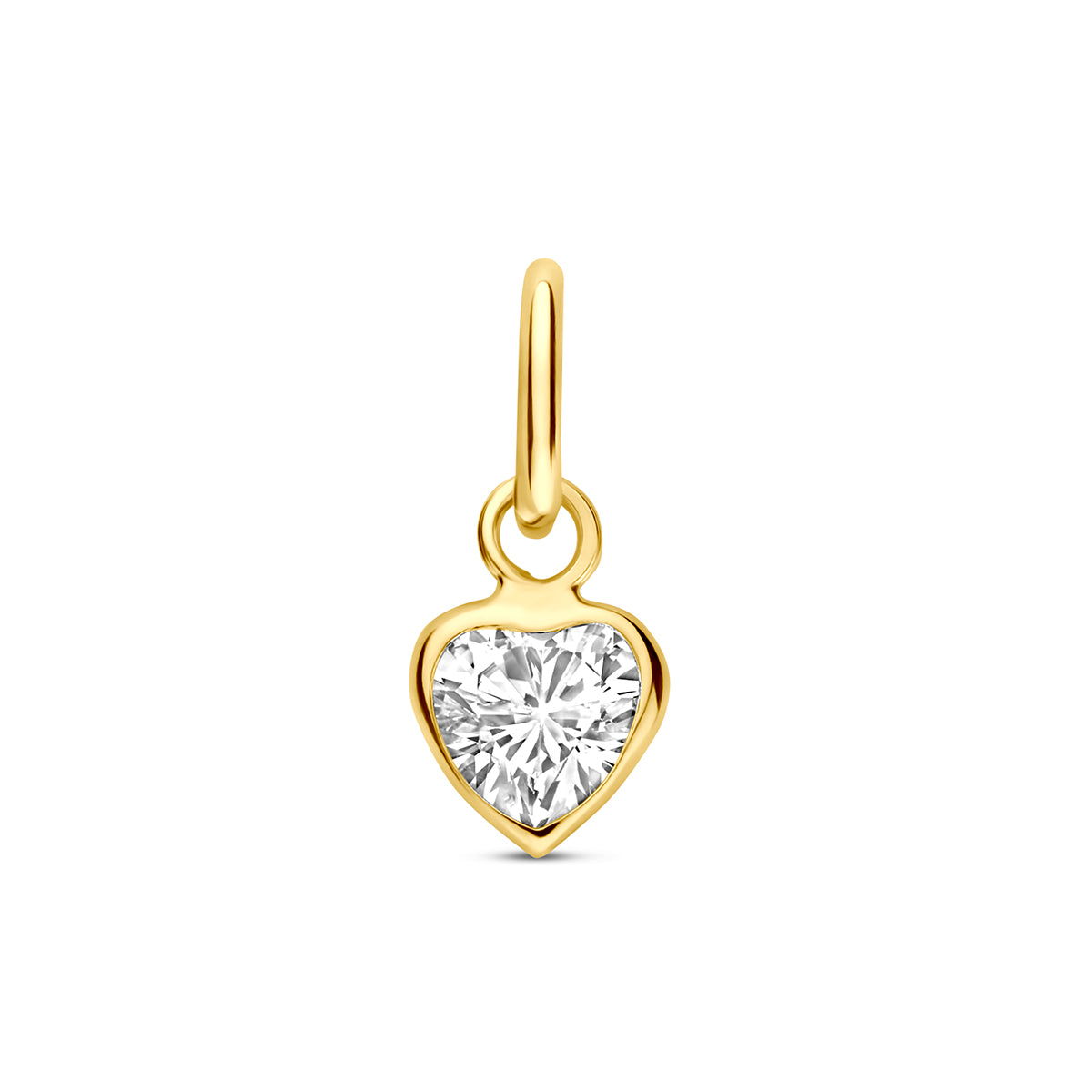 Gouden hart hanger: vooraanzicht van de geelgouden hartje hanger met zirkonia van 14 karaat.