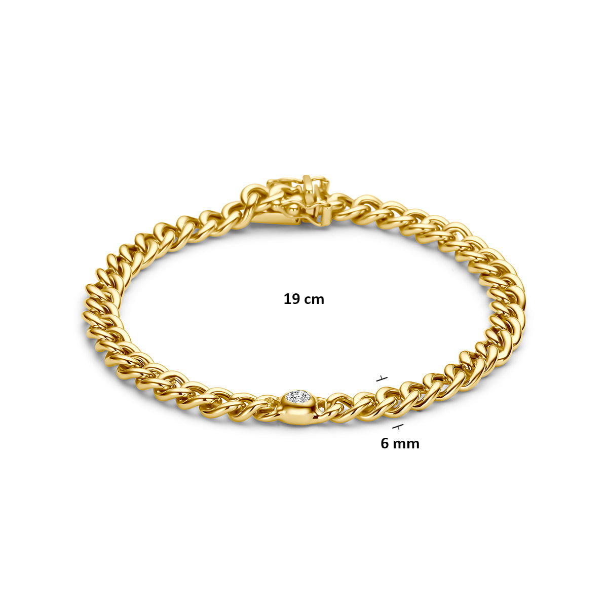 Gouden armband met diamant: afmetingen van de 14 karaat geelgouden gourmette armband met diamant 0,15 ct, lengte 19 cm.