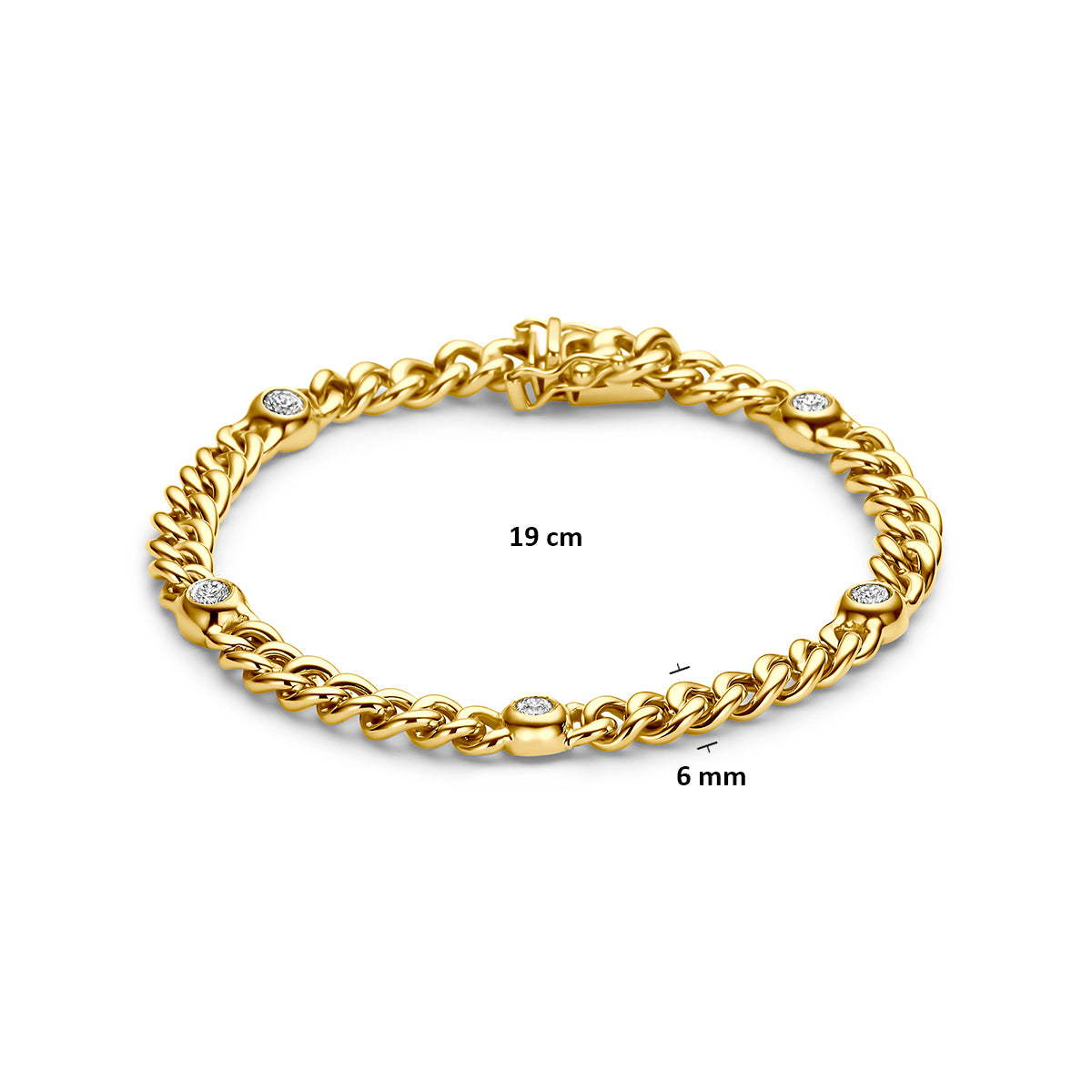Gouden armband met diamant: afmetingen van de 14 karaat geelgouden gourmette armband met diamant 0,75 ct, lengte 19 cm.