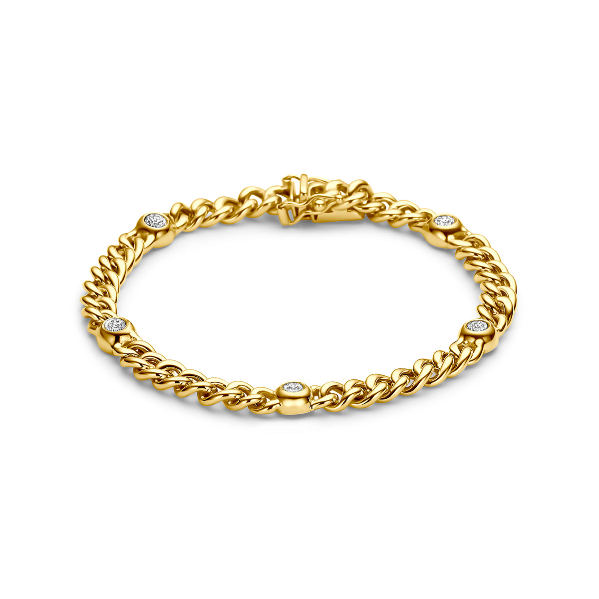 Gouden armband met diamant: vooraanzicht van de 14 karaat geelgouden gourmette armband met diamant 0,75 ct.