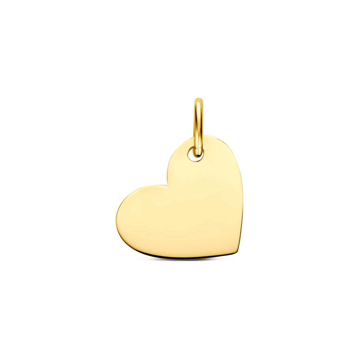 Vooraanzicht van de 14 karaat geelgouden graveerhanger hartje, 10 mm hoog en 12 mm breed.