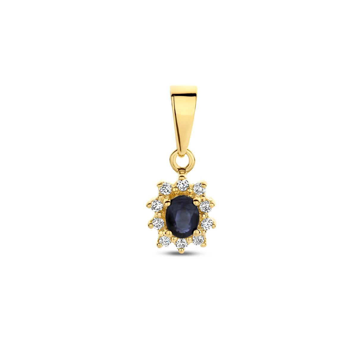 Vooraanzicht van de 14 karaat geelgouden halo hanger met saffier en zirkonia, 10 mm hoog en 7 mm breed.