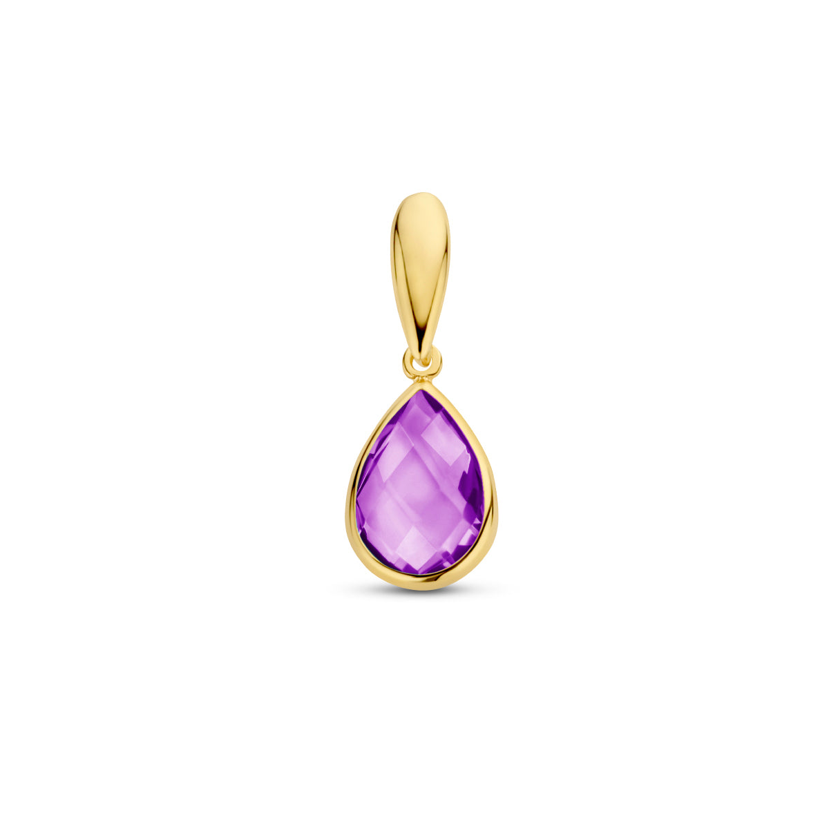Vooraanzicht van de 14 karaat geelgouden hanger amethist druppel, 12,5 mm hoog en 7,5 mm breed.