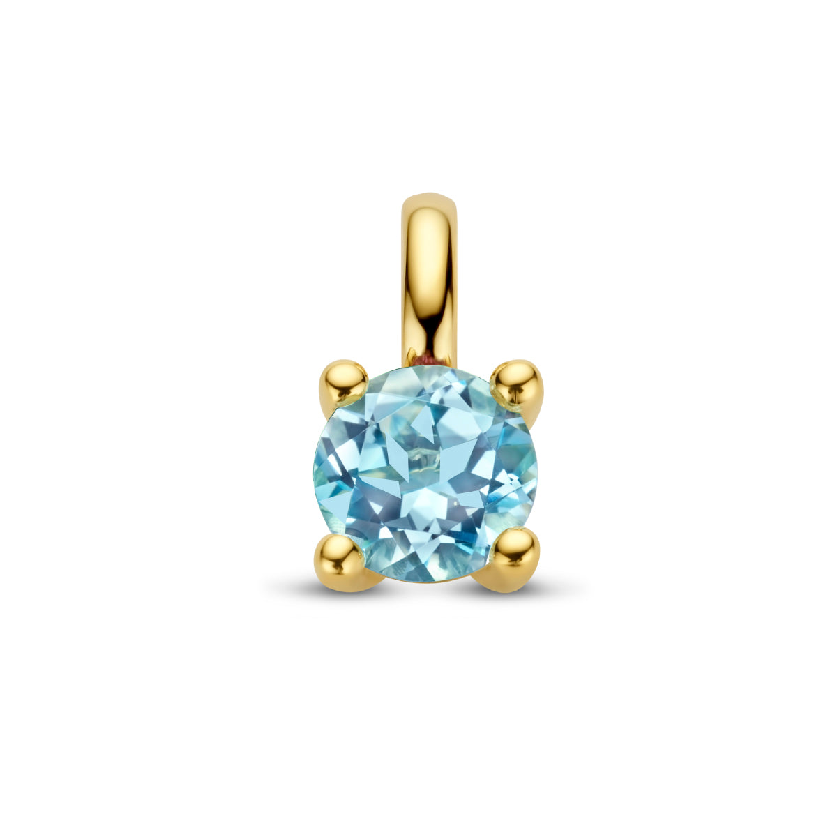 Vooraanzicht van de 14 karaat geelgouden hanger met blauwe topaas, 9,5 mm hoog en 5 mm breed.