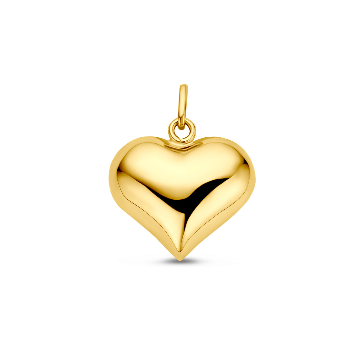 Vooraanzicht van de 14 karaat geelgouden hanger bol hart, 13,5 mm hoog en 16 mm breed.
