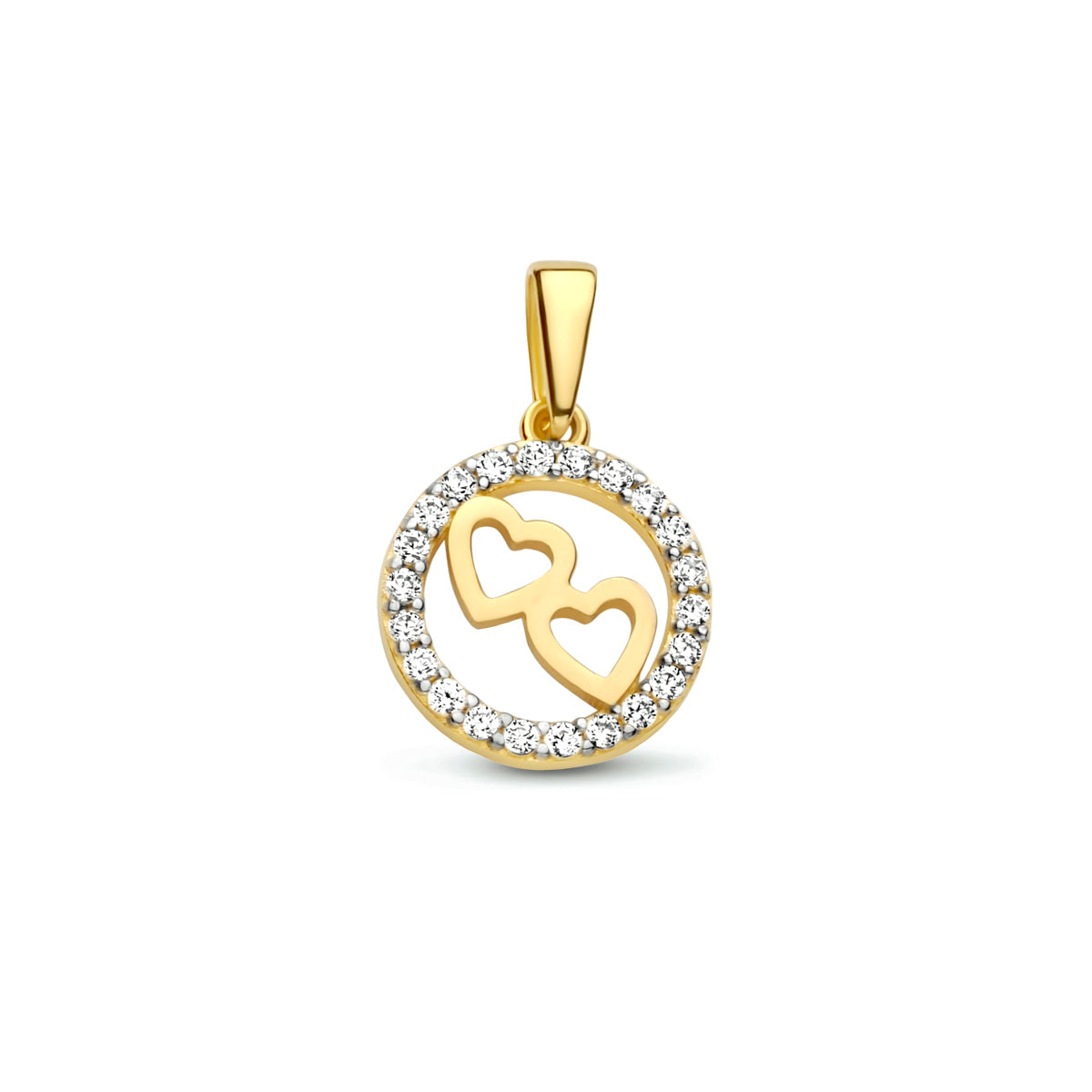 Vooraanzicht van de 14 karaat geelgouden hanger cirkel met hartjes, 11 mm hoog en 11 mm breed.