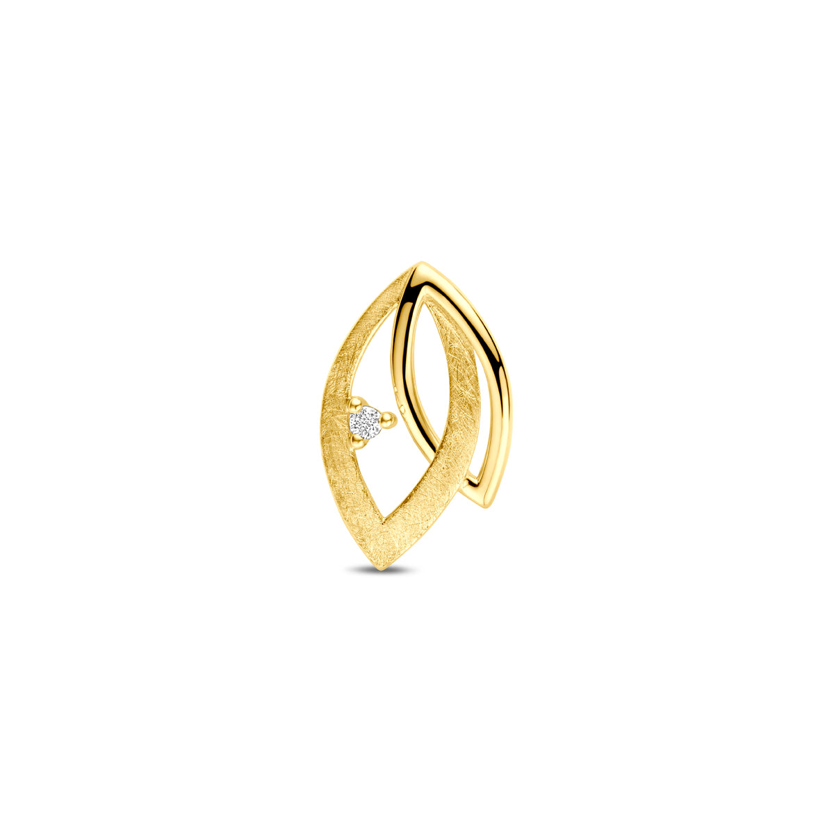 Vooraanzicht van de 14 karaat geelgouden hanger met diamant 0,02 ct, 15,5 mm hoog en 10 mm breed.