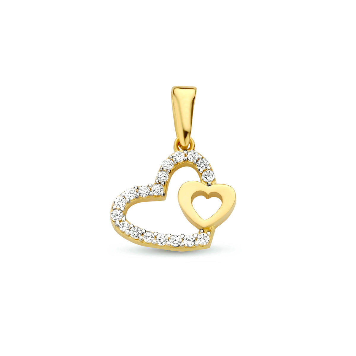 Vooraanzicht van de 14 karaat geelgouden hanger dubbel hart zirkonia, 17 mm hoog inclusief oog en 11 mm breed.