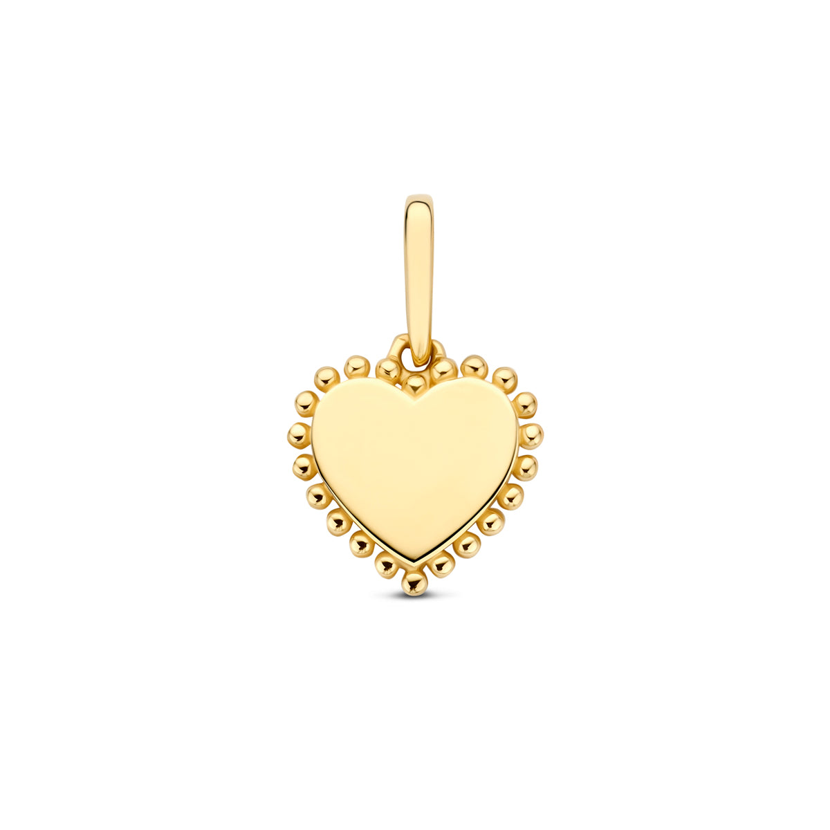 Vooraanzicht van de 14 karaat geelgouden hanger hart met bolletjesrand, 9,5 mm hoog en 9 mm breed.
