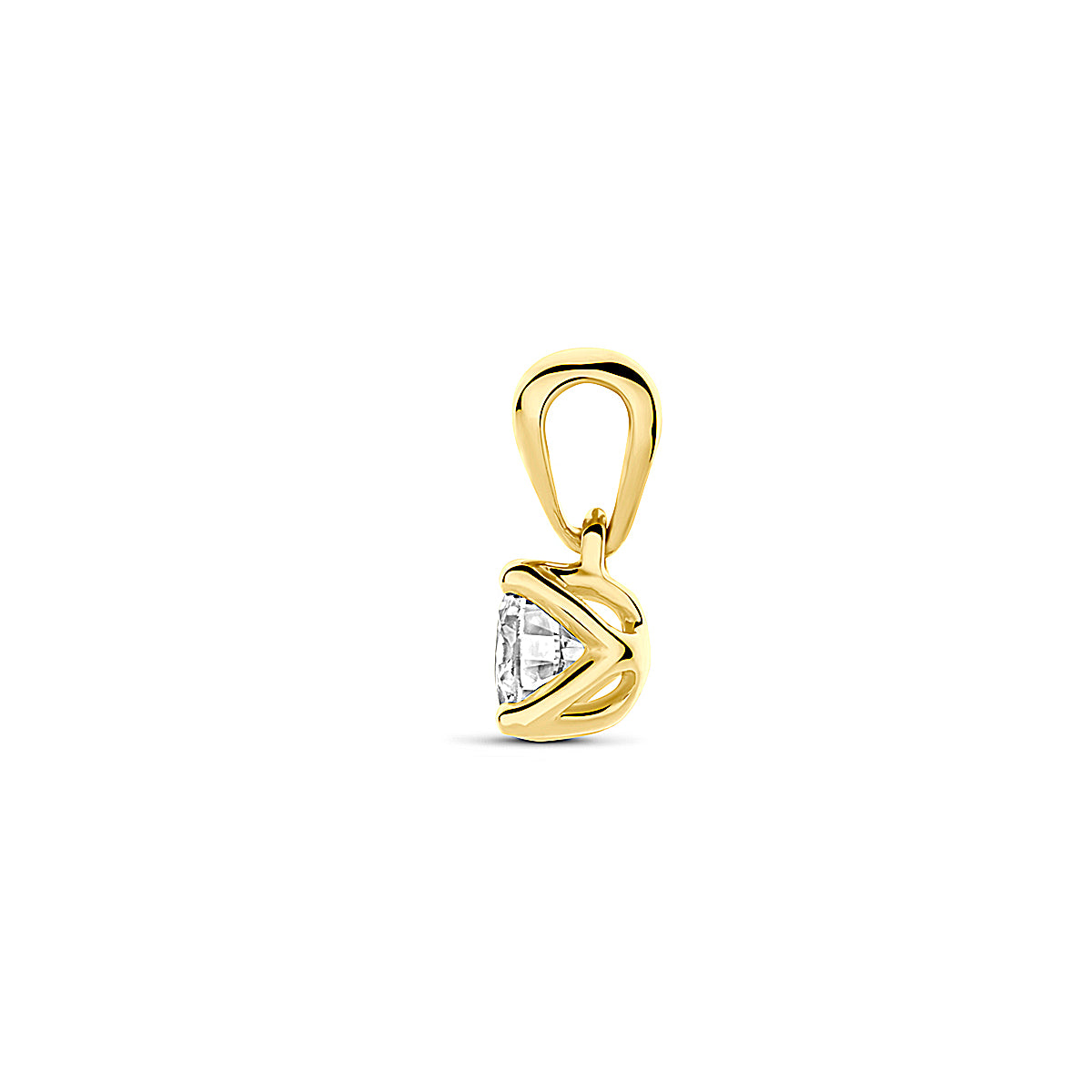 Zijaanzicht van de 14 karaat geelgouden hanger lab grown diamant 0,25 ct, zodat de diepte van de hanger zichtbaar is.