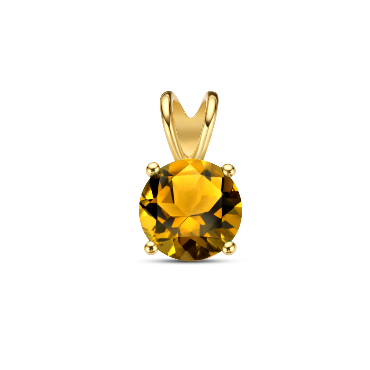 Vooraanzicht van de 14 karaat geelgouden hanger met citrien, 10,7 mm hoog en 6,3 mm breed.