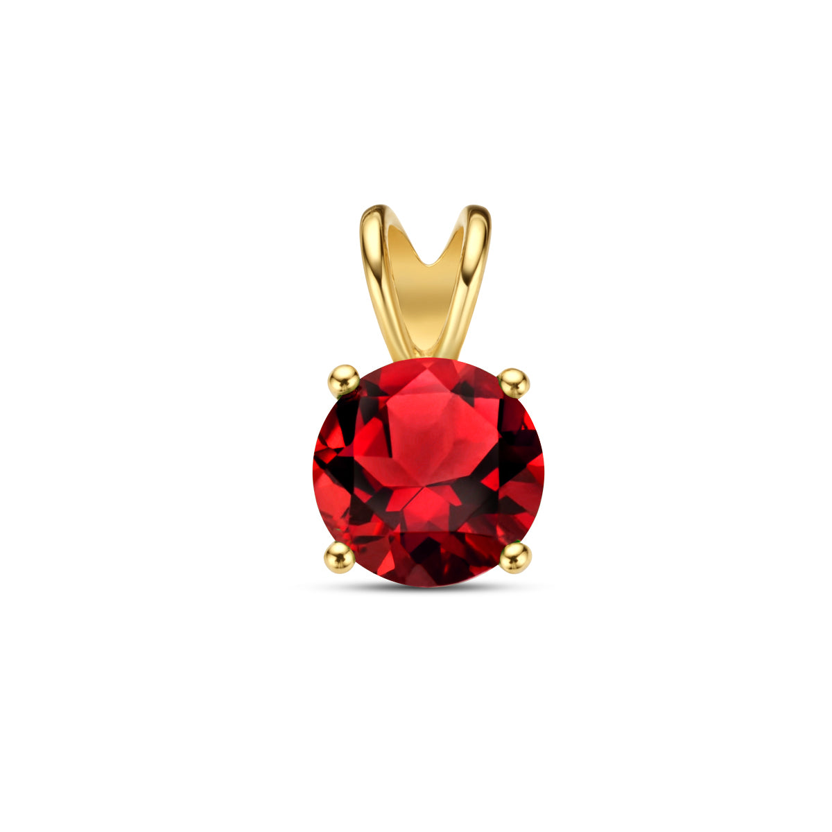 Vooraanzicht van de 14 karaat geelgouden hanger met granaat, 10,7 mm hoog en 6,3 mm breed.