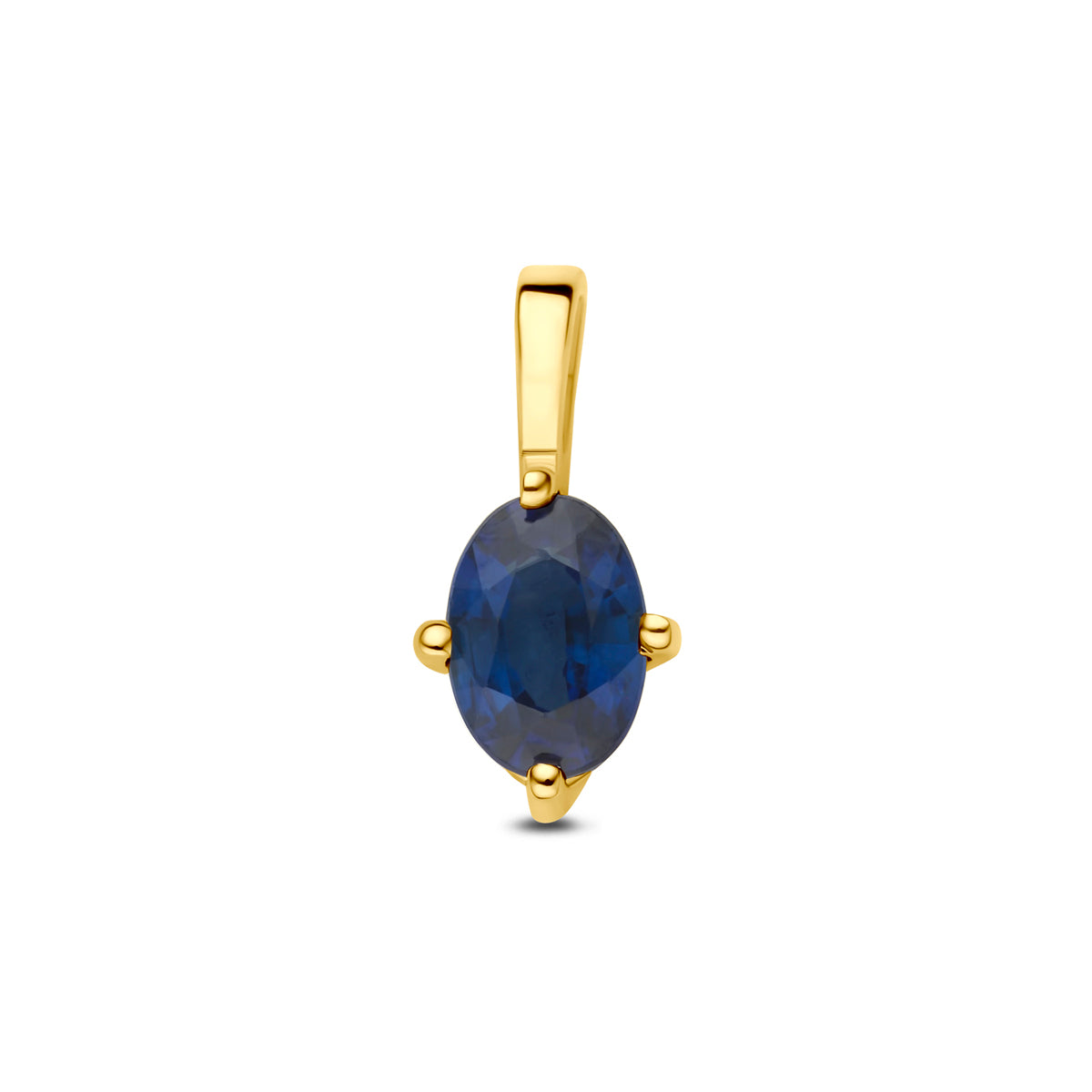 Vooraanzicht van de 14 karaat geelgouden hanger met ovale saffier, 11,5 mm hoog en 5,5 mm breed.