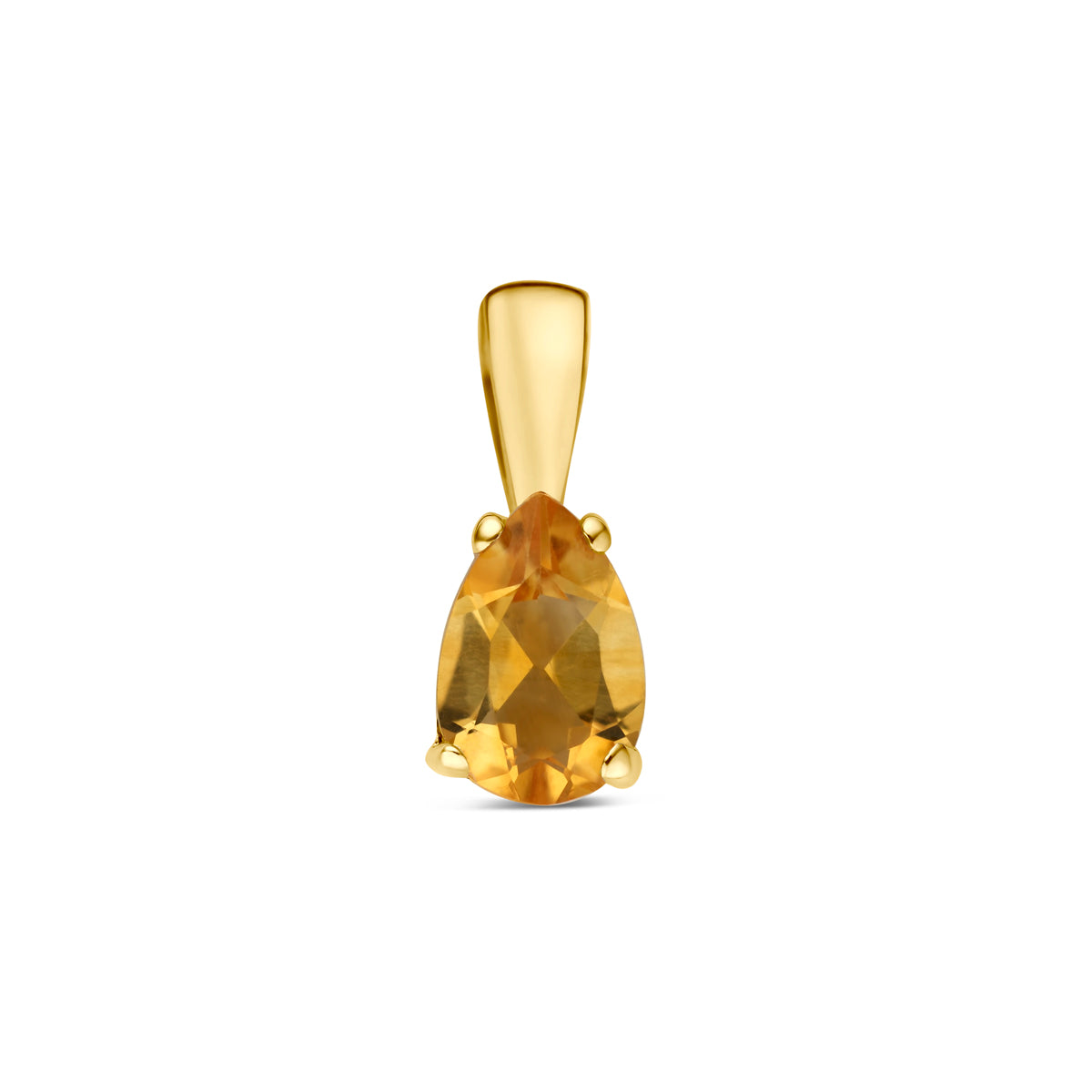 Vooraanzicht van de 14 karaat geelgouden hanger met peervormige citrien, 10,5 mm hoog en 4 mm breed.
