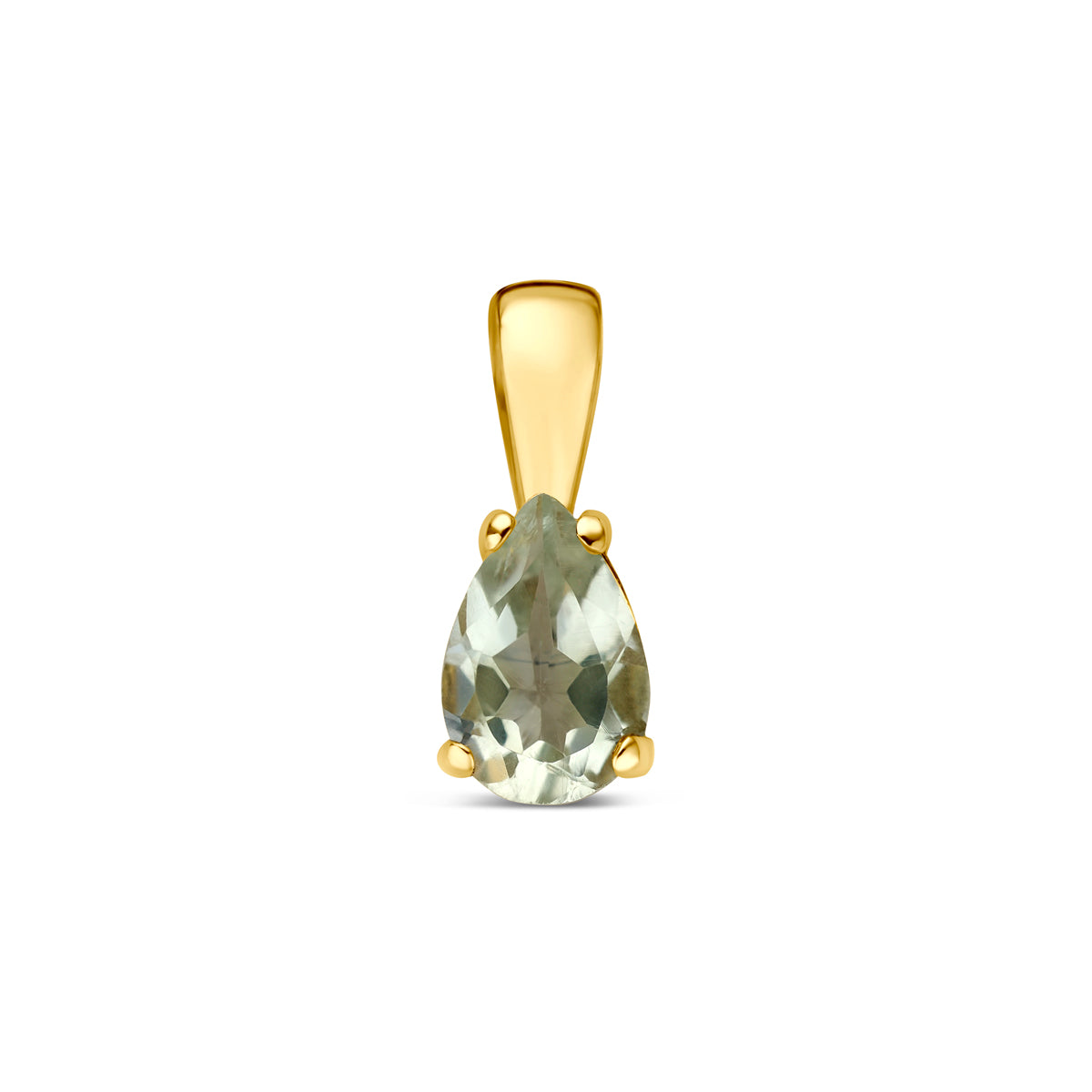 Vooraanzicht van de 14 karaat geelgouden hanger met peervormige groene amethist, 10,5 mm hoog en 4 mm breed.