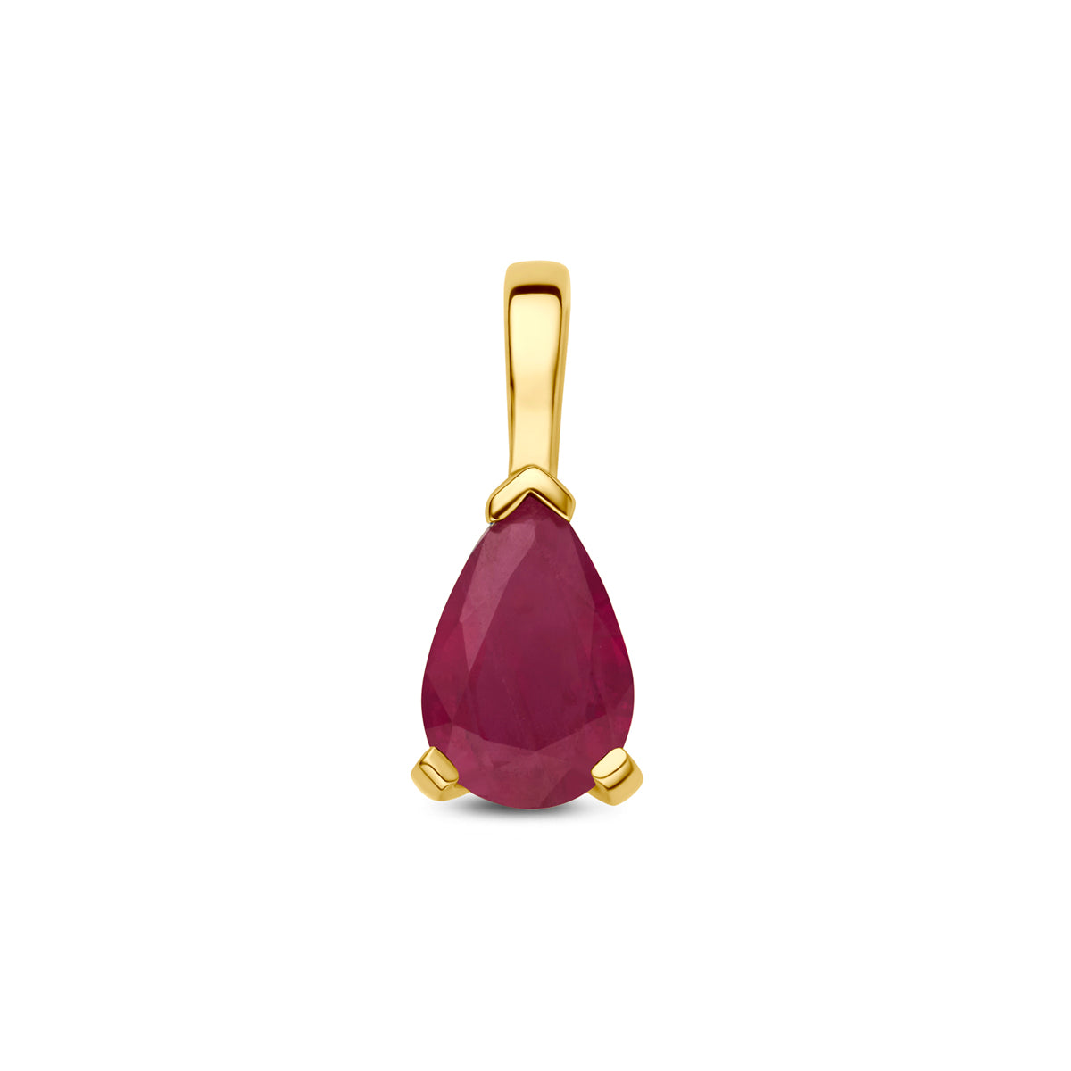 Vooraanzicht van de 14 karaat geelgouden hanger met peervormige robijn, 10,5 mm hoog en 4,5 mm breed.