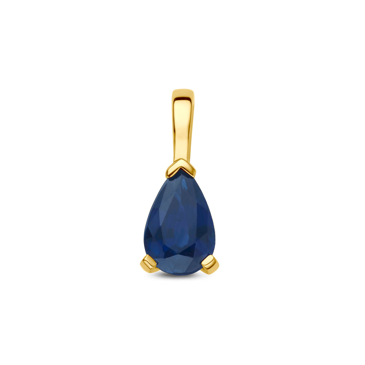 Vooraanzicht van de 14 karaat geelgouden hanger met peervormige saffier, 10,5 mm hoog en 4,5 mm breed.