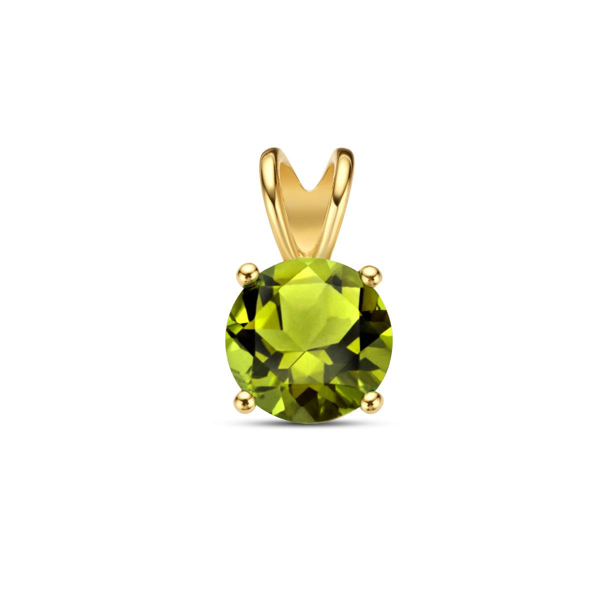 Vooraanzicht van de 14 karaat geelgouden hanger met peridoot, 10,7 mm hoog en 6,3 mm breed.