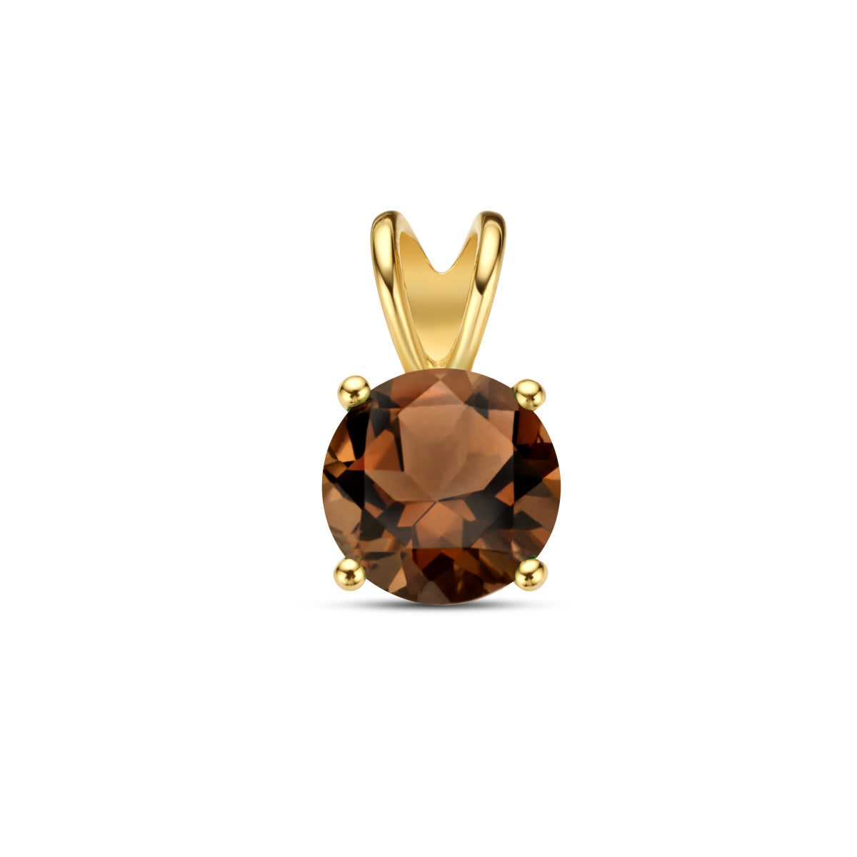 Vooraanzicht van de 14 karaat geelgouden hanger met rookkwarts, 10,7 mm hoog en 6,3 mm breed.