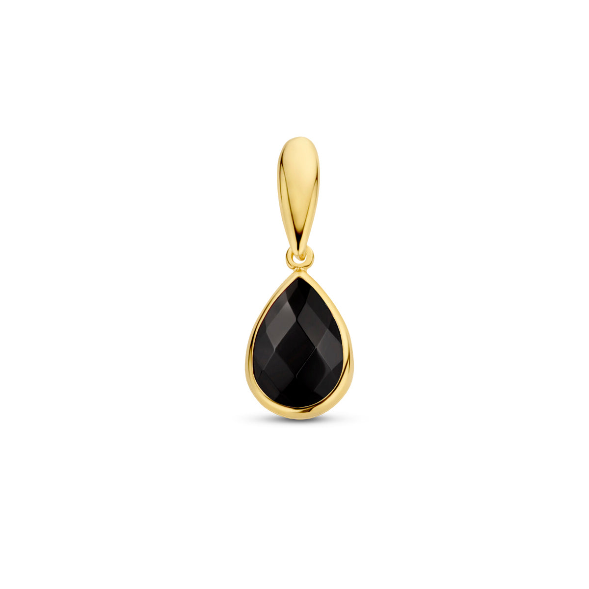 Vooraanzicht van de 14 karaat geelgouden hanger onyx druppel, 12,5 mm hoog en 7,5 mm breed.