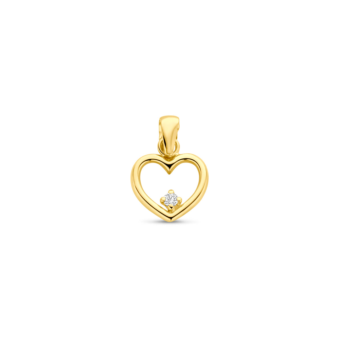 Vooraanzicht van de 14 karaat geelgouden hanger open hart met zirkonia, 7,5 mm hoog en 8,5 mm breed.