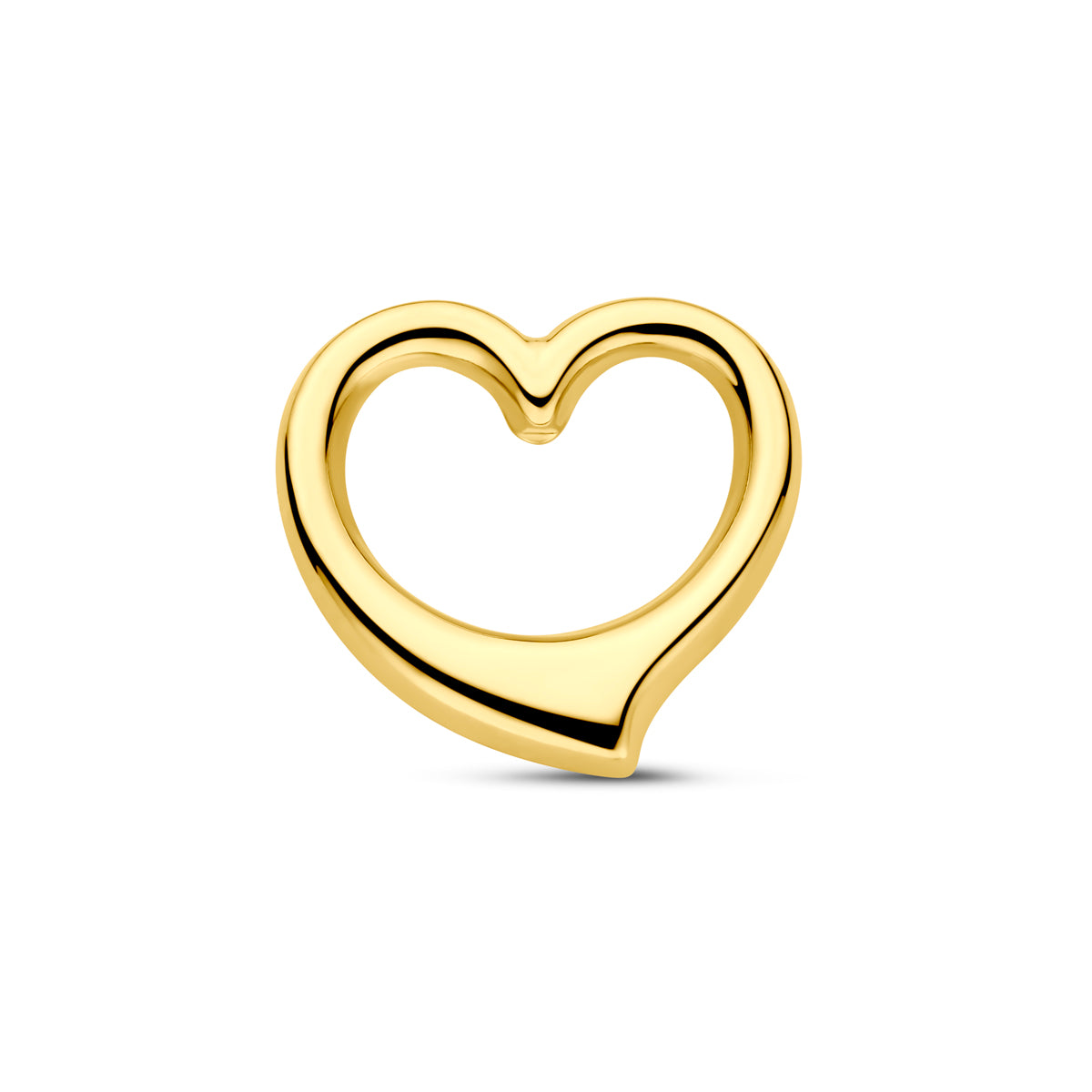 Vooraanzicht van de 14 karaat geelgouden hanger open hart, 12,5 mm hoog en 12,5 mm breed.