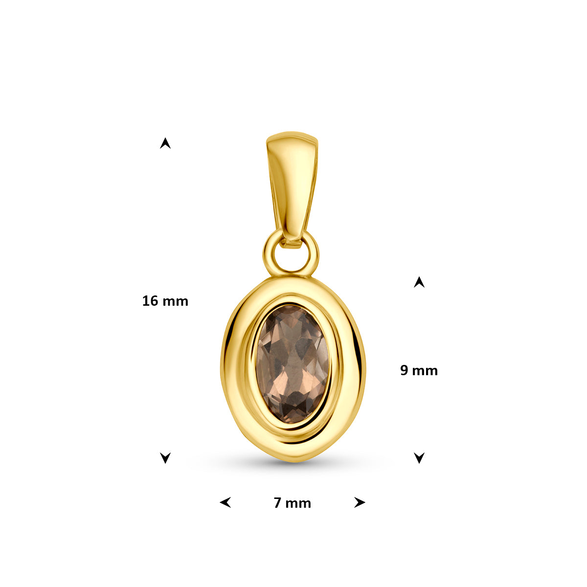 Gouden hanger met edelsteen: afmetingen van de 14 karaat geelgouden hanger met ovale rookkwarts, 16,0 mm hoog inclusief oog en 7,0 mm breed.