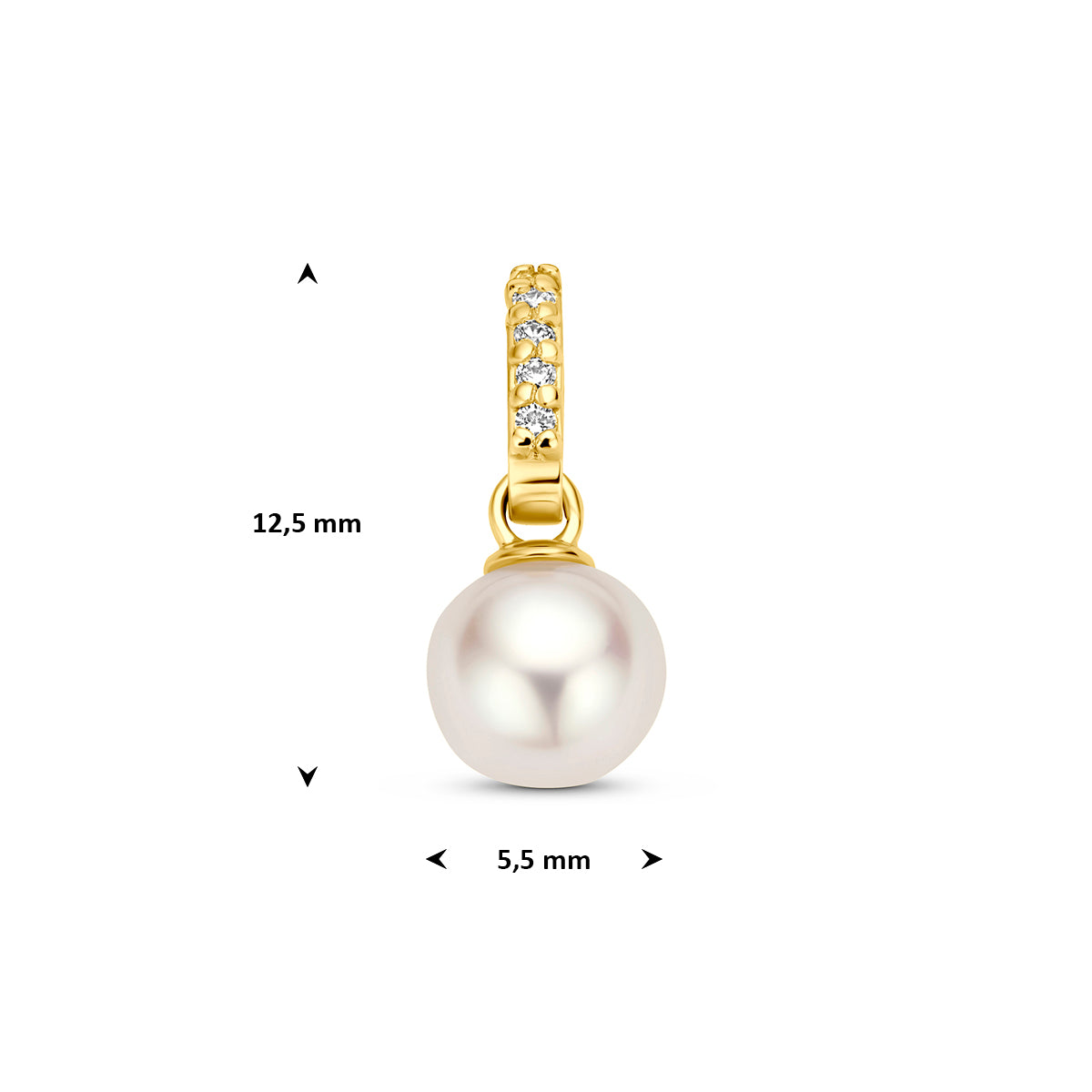 Gouden hanger met parel: afmetingen van de 14 karaat geelgouden hanger met parel en diamant 0,02 ct, 12,5 mm hoog inclusief oog en 5,5 mm breed.