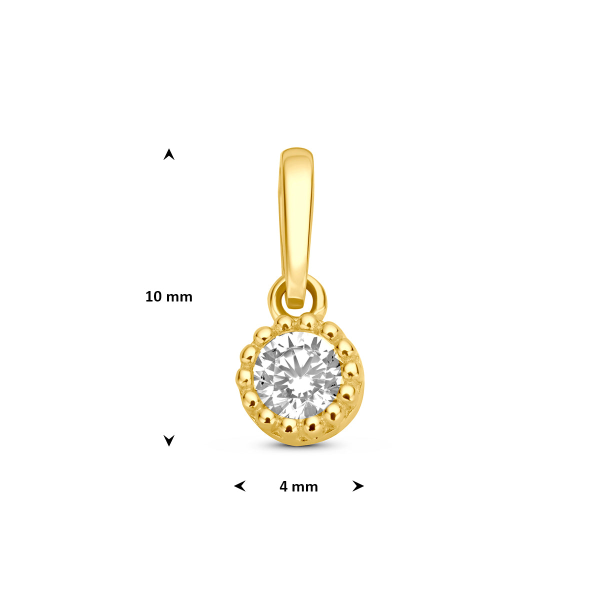 Gouden hanger met zirkonia: afmetingen van de 14 karaat geelgouden hanger met zirkonia, 10,0 mm hoog inclusief oog en 4,0 mm doorsnee.