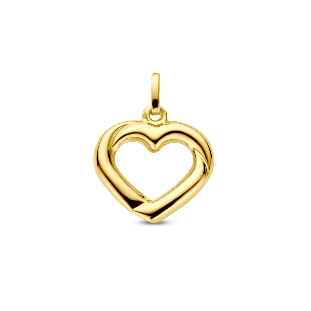 Vooraanzicht van de 14 karaat geelgouden hart hanger, 17 mm hoog en 14 mm breed.