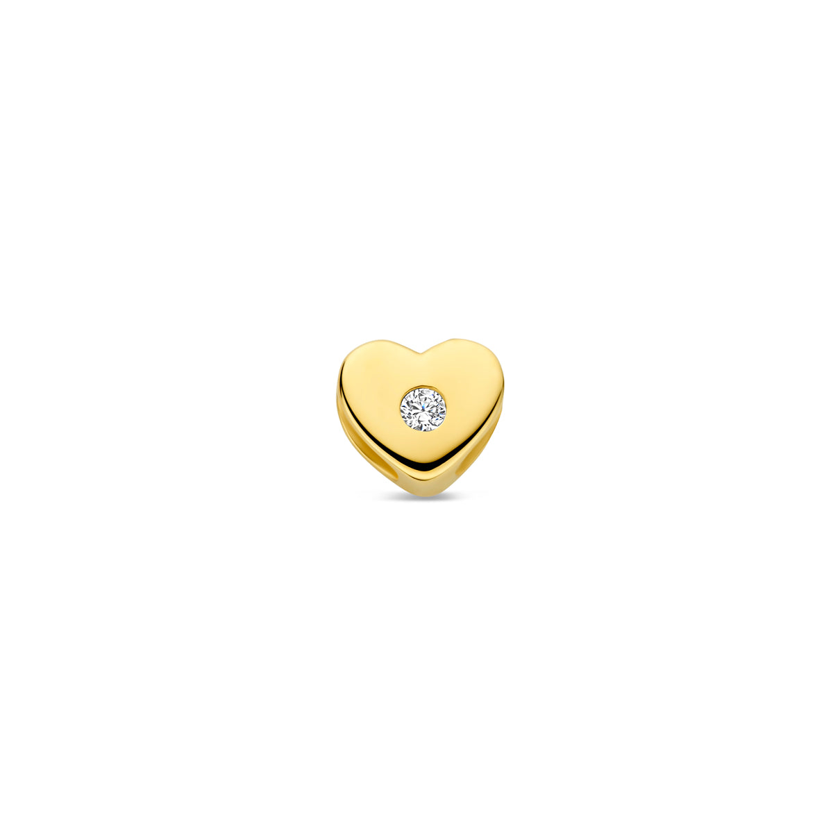 Vooraanzicht van de 14 karaat geelgouden hartje hanger met steentje, 5 mm hoog en 5,5 mm breed.