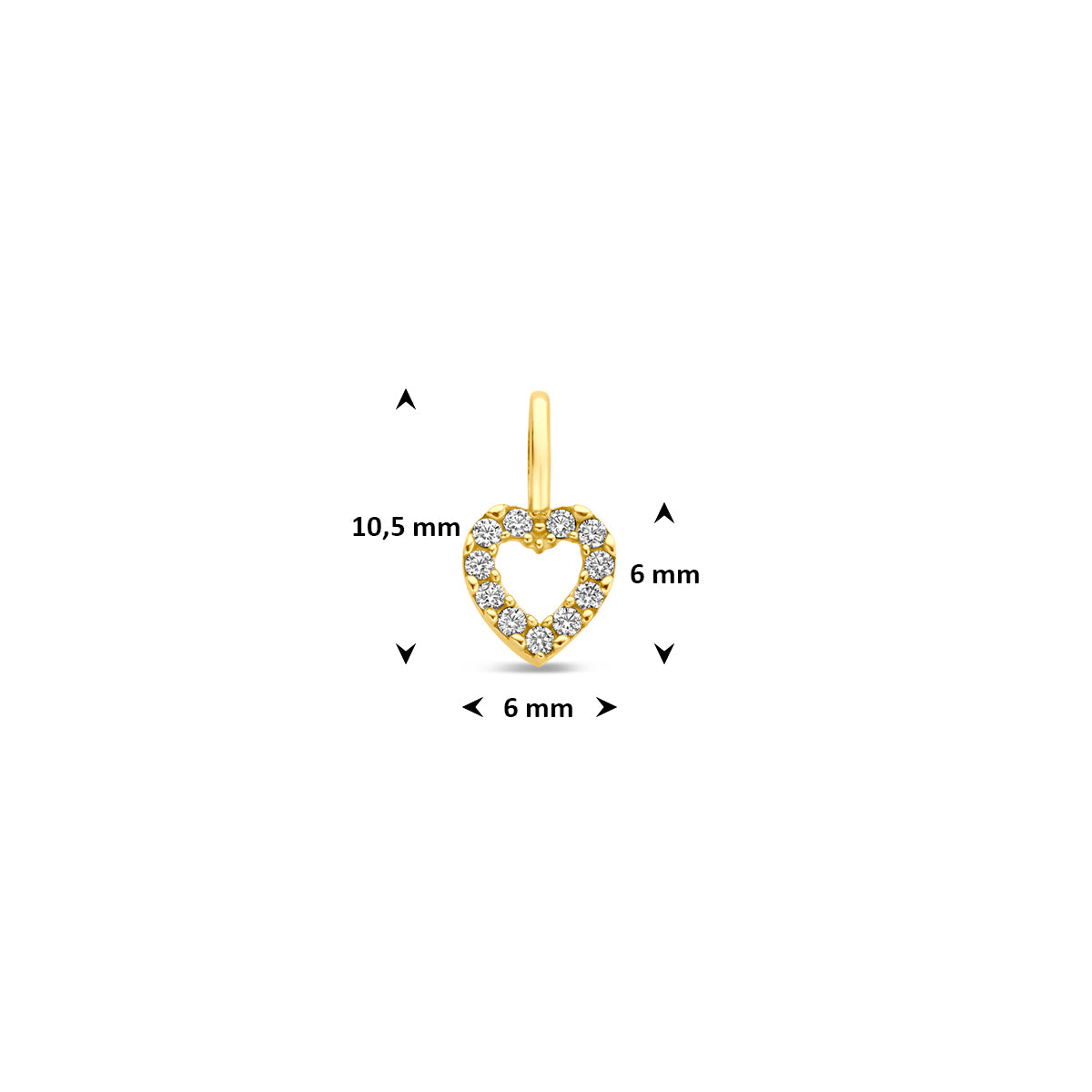 Technische afbeelding van de 14 karaat geelgouden hartje hanger met zirkonia met afmetingen, 10,5 mm hoog en 6 mm breed.