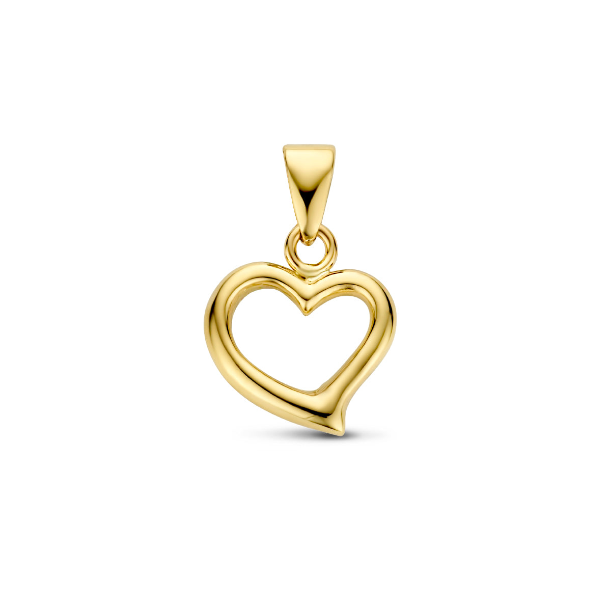 Vooraanzicht van de 14 karaat geelgouden hartje hanger, 16 mm hoog en 10 mm breed.