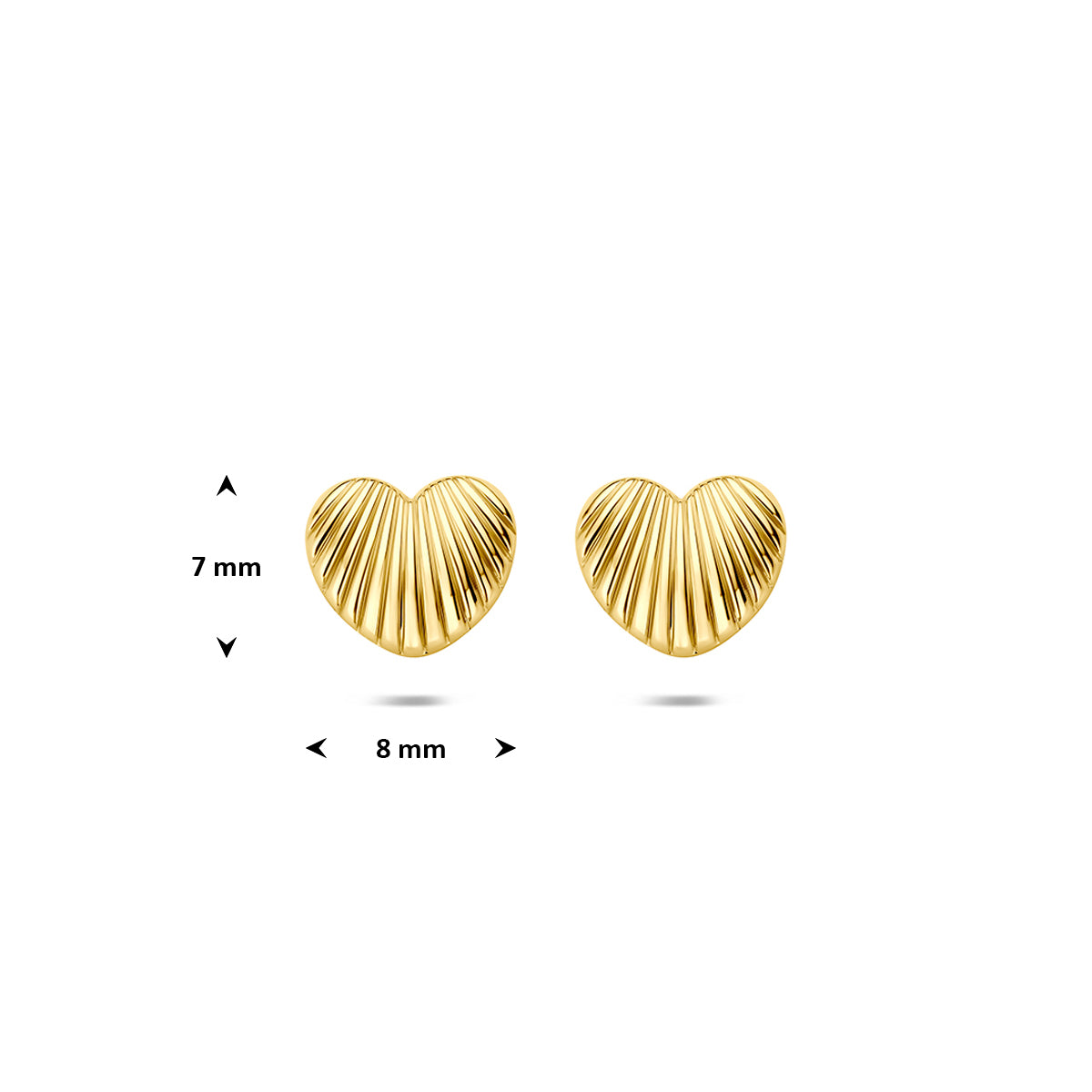 Technische afbeelding van de 14 karaat geelgouden hartjes oorbellen met ribbels met afmetingen, 7 mm hoog en 8 mm breed.