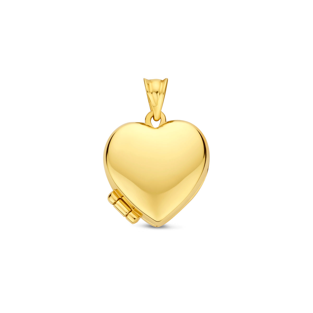 Vooraanzicht van de 14 karaat geelgouden hartvormig medaillon, 21,5 mm hoog en 15 mm breed.